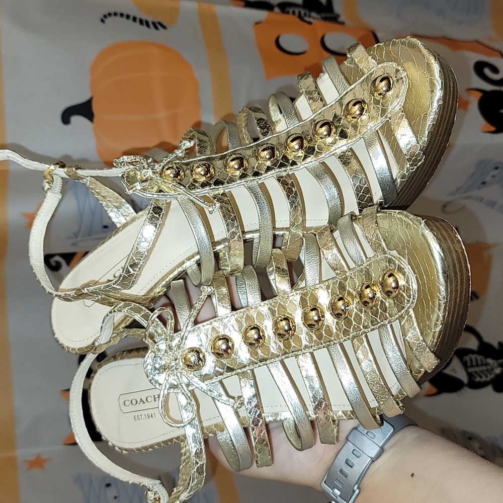 Coach sarafina snakeskin metallic high heels strappy bow studs 9.5B
